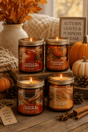Collection of pumpkin spice, apple cinnamon, clove, and harvest scented candles arranged with fall decorations.