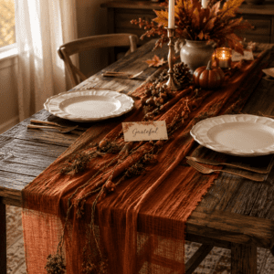 Rustic dining table styled with candles, autumn centerpiece, table runner, and cozy Thanksgiving table decor.