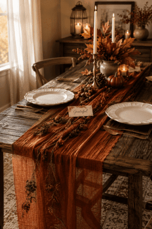Rustic dining table styled with candles, autumn centerpiece, table runner, and cozy Thanksgiving table decor.