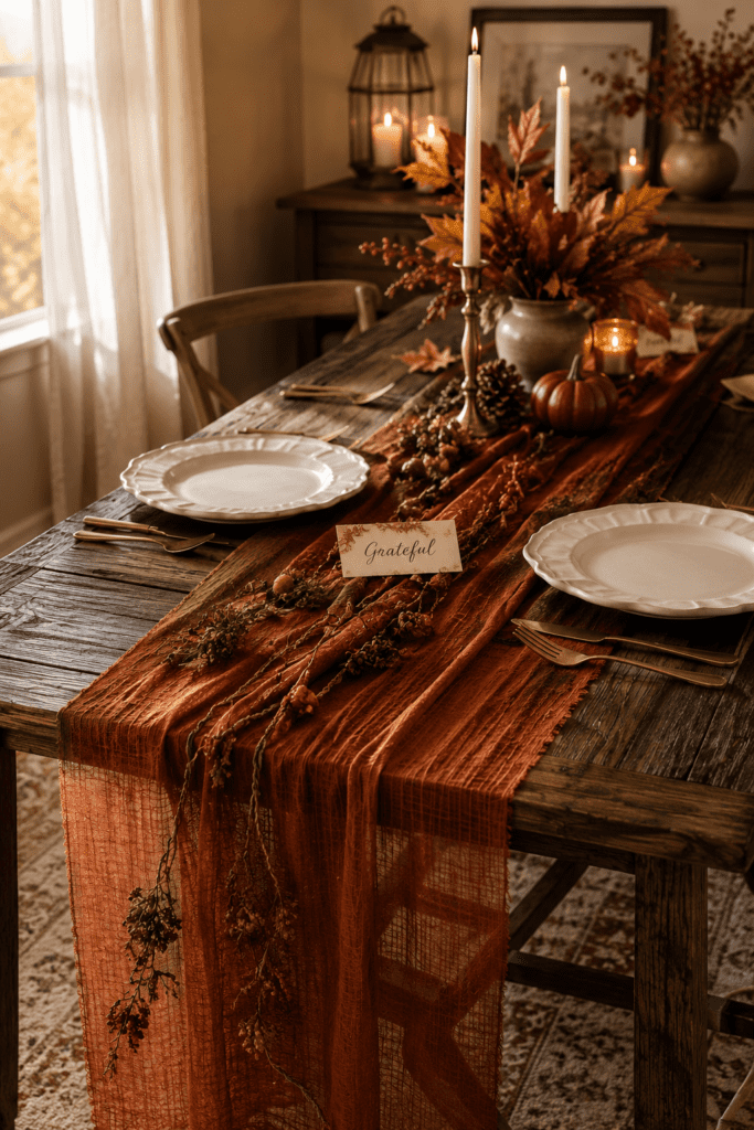 Rustic dining table styled with candles, autumn centerpiece, table runner, and cozy Thanksgiving table decor.