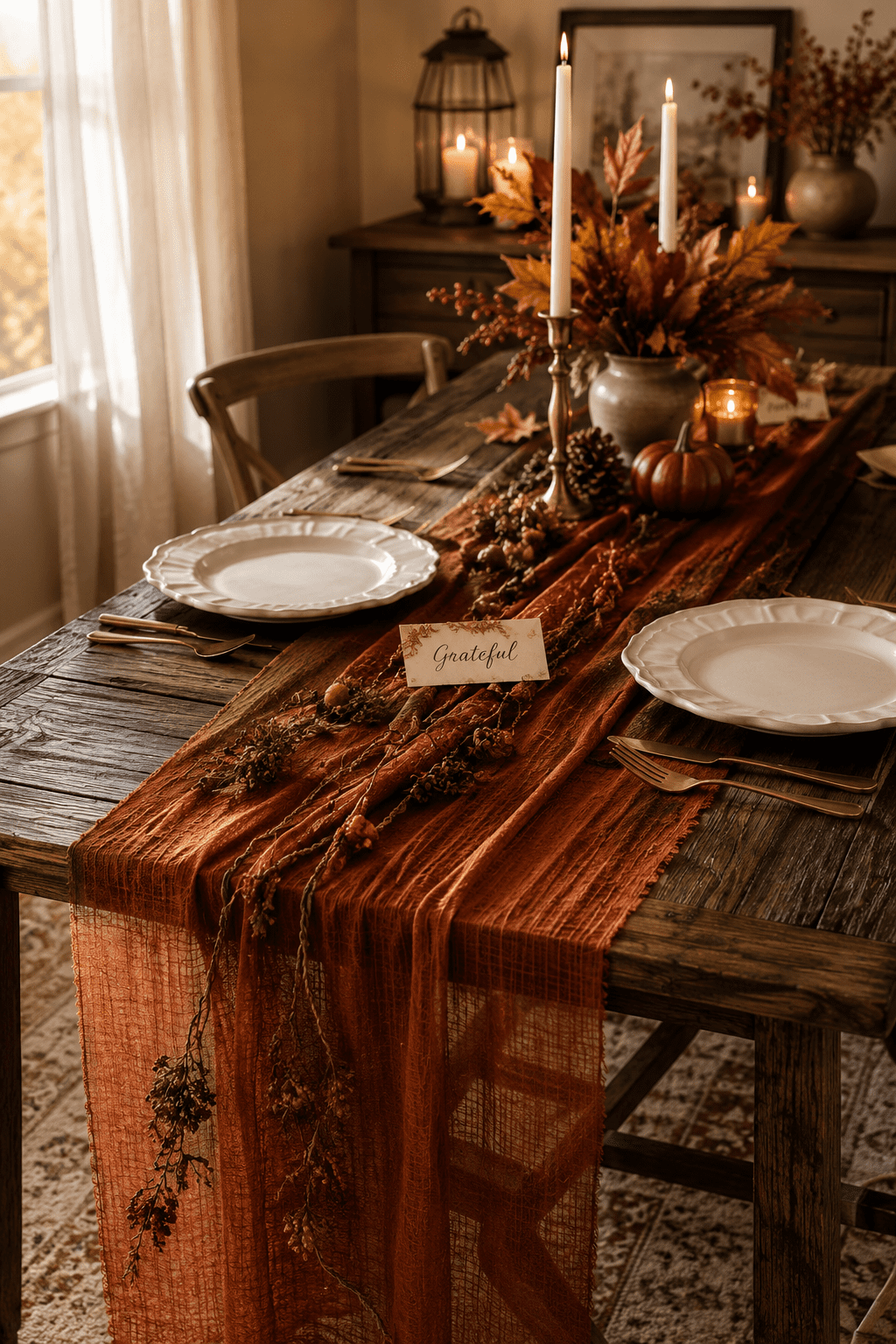 Rustic dining table styled with candles, autumn centerpiece, table runner, and cozy Thanksgiving table decor.