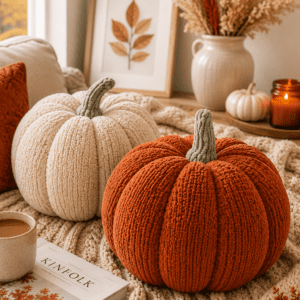 Soft knitted pumpkin decorations in cream and burnt orange on a chunky knit blanket with warm fall home decor.