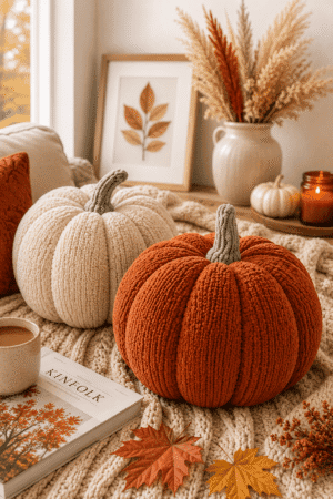 Soft knitted pumpkin decorations in cream and burnt orange on a chunky knit blanket with warm fall home decor.