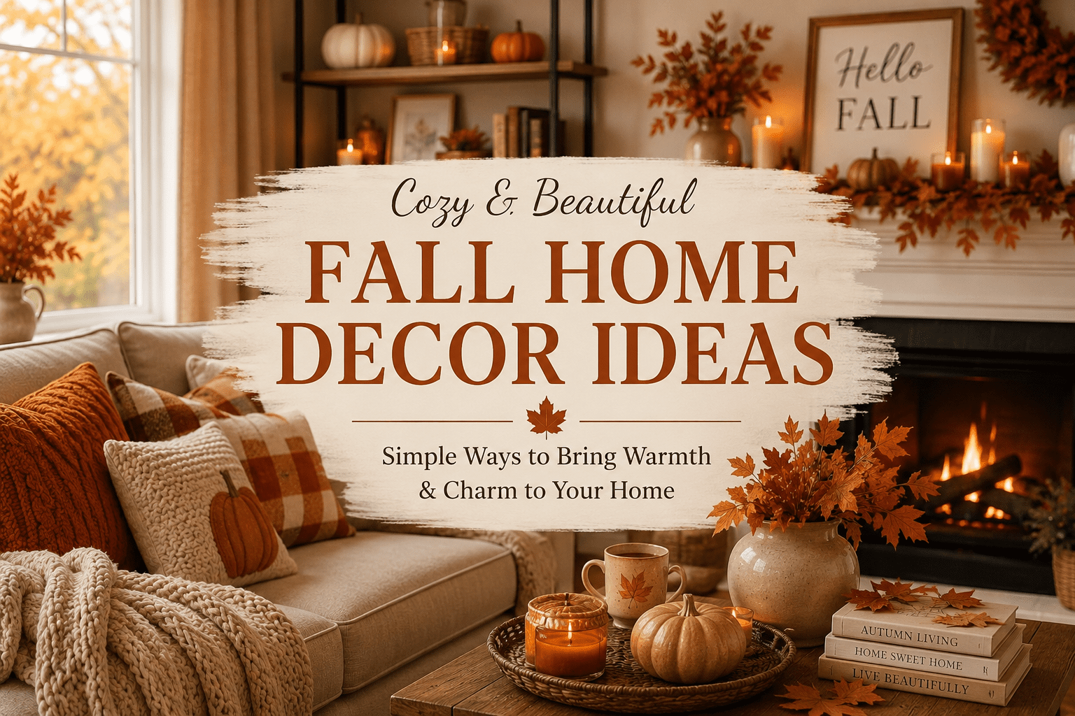Best Fall Decor on Amazon for a cozy living room with pumpkins, candles, knit blankets, and warm autumn decorations