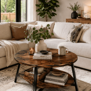 Rustic round coffee table with storage shelf in a cozy modern farmhouse living room featuring a wood tabletop and black metal legs