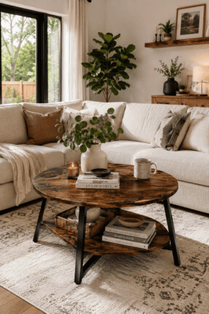 Rustic round coffee table with storage shelf in a cozy modern farmhouse living room featuring a wood tabletop and black metal legs