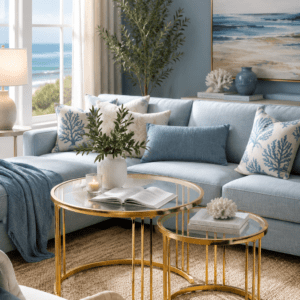 Modern gold nesting coffee tables with glass top in a bright coastal living room featuring blue sofa and elegant home decor