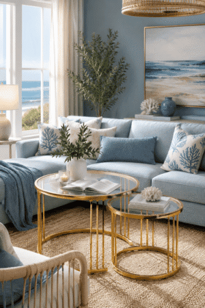 Modern gold nesting coffee tables with glass top in a bright coastal living room featuring blue sofa and elegant home decor