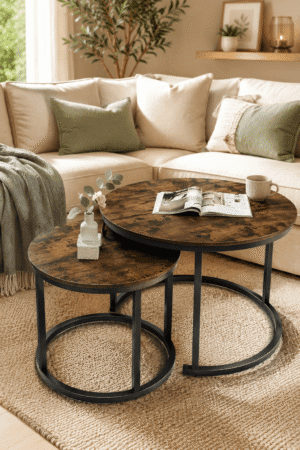 Rustic round nesting coffee tables with wood finish and black metal frame in a cozy modern living room