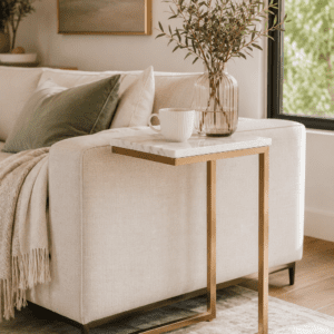Modern gold C-shaped side table with white marble top beside a beige sofa in a cozy living room