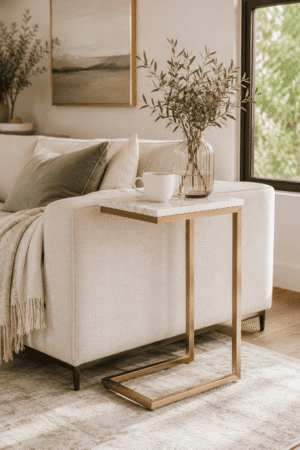 Modern gold C-shaped side table with white marble top beside a beige sofa in a cozy living room