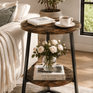 Rustic round accent table with lower storage shelf beside a beige sofa in a cozy modern living room