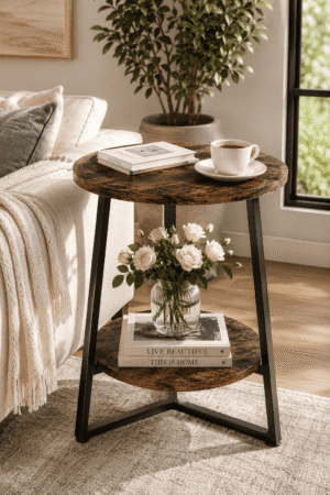 Rustic round accent table with lower storage shelf beside a beige sofa in a cozy modern living room