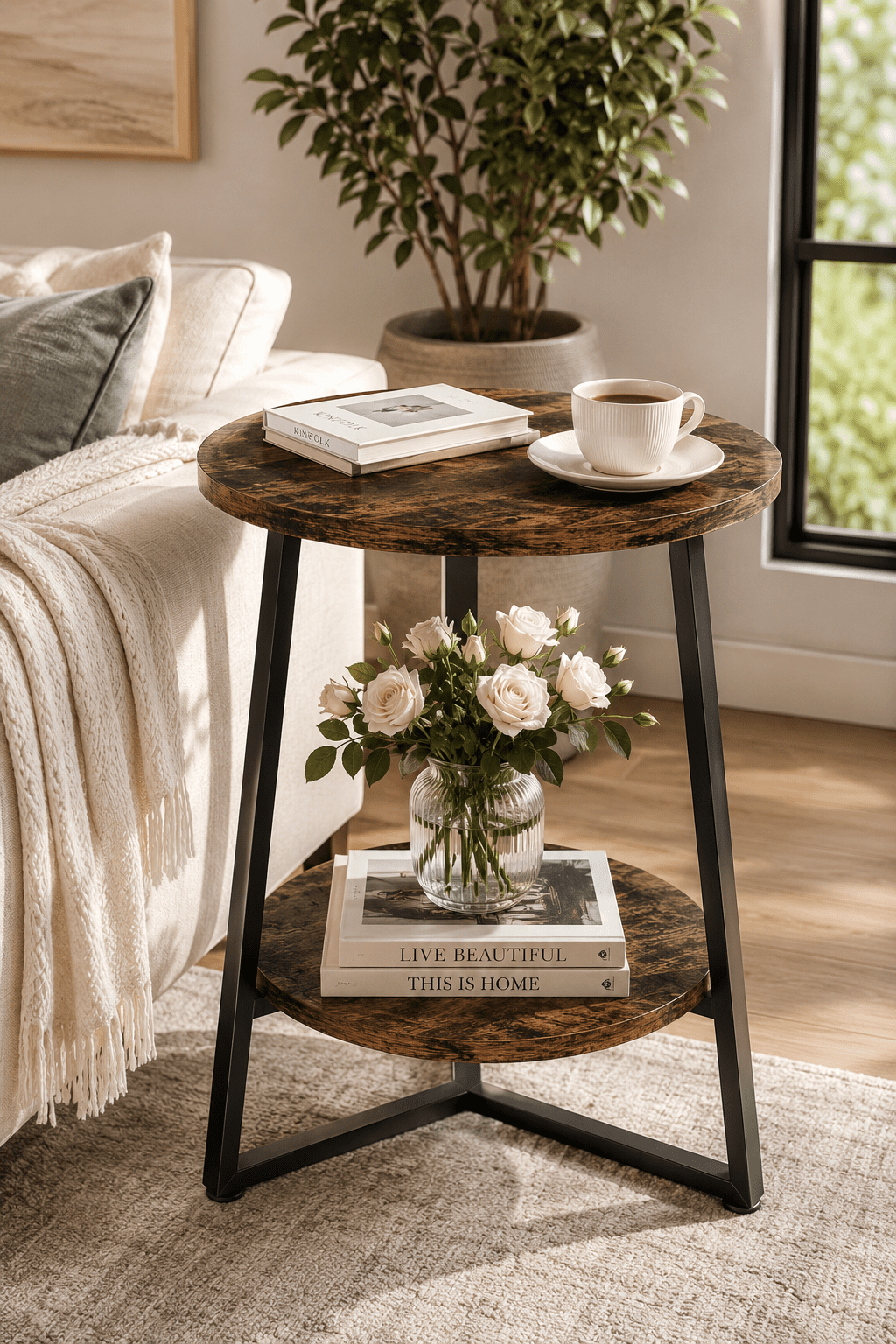 Rustic round accent table with lower storage shelf beside a beige sofa in a cozy modern living room