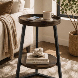 Rustic round tray end table with lower storage shelf beside a cozy sofa in a modern living room
