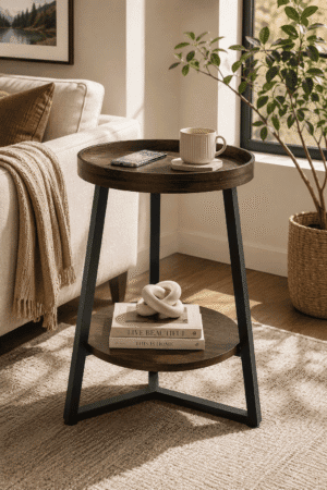 Rustic round tray end table with lower storage shelf beside a cozy sofa in a modern living room