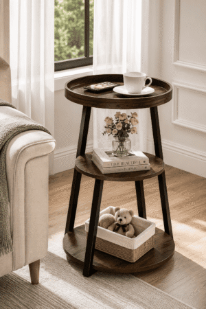 Rustic three-tier round end table with wood shelves and black metal legs beside a cozy sofa in a modern living room