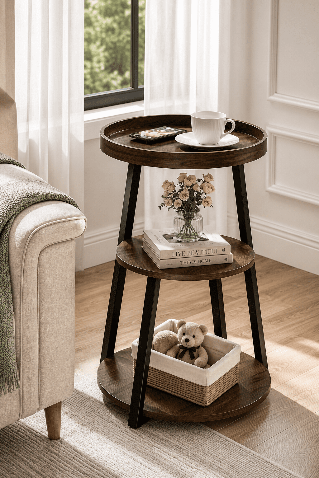 Rustic three-tier round end table with wood shelves and black metal legs beside a cozy sofa in a modern living room