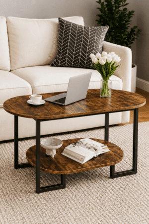 Rustic oval coffee table with lower storage shelf and black metal frame in a cozy modern living room