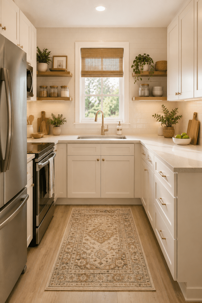 Bright cream kitchen with shaker cabinets, brass hardware, floating shelves, and cozy farmhouse decor.