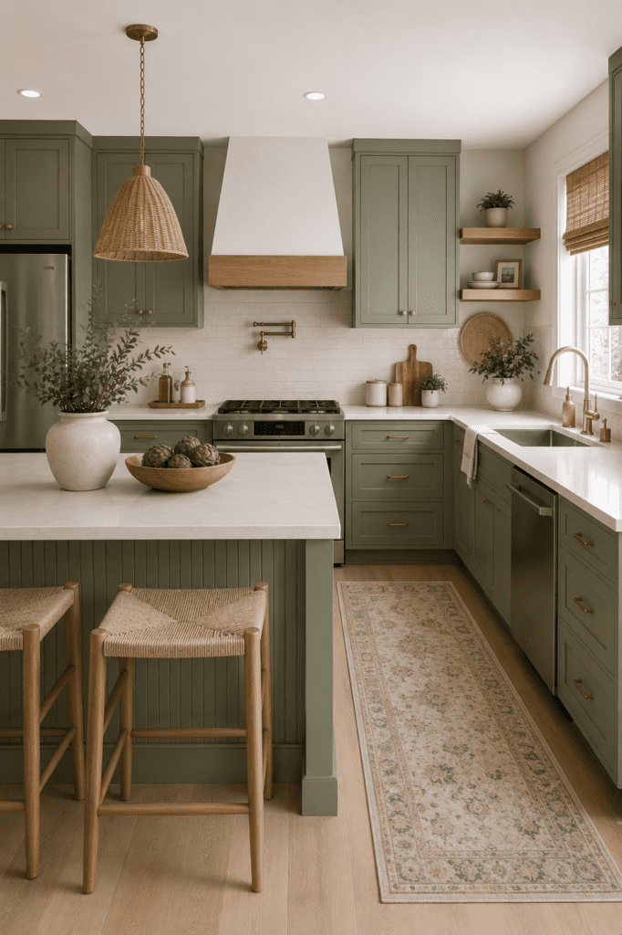 Soft sage green kitchen with wood accents, woven pendant light, and a spacious island for everyday living.