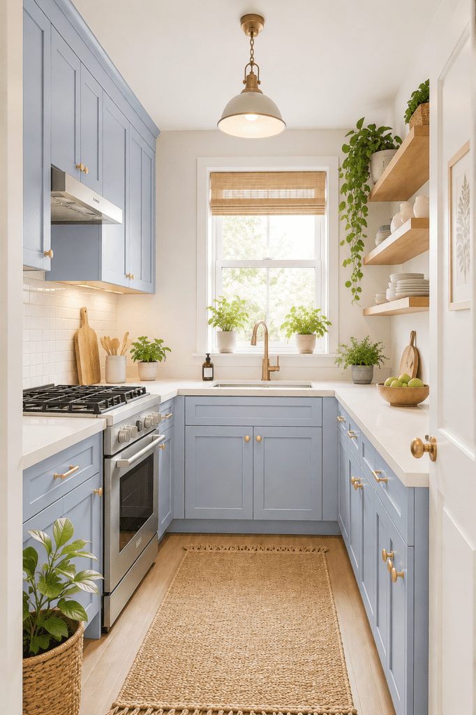 Light blue galley kitchen with white countertops, open shelves, and bright natural light.