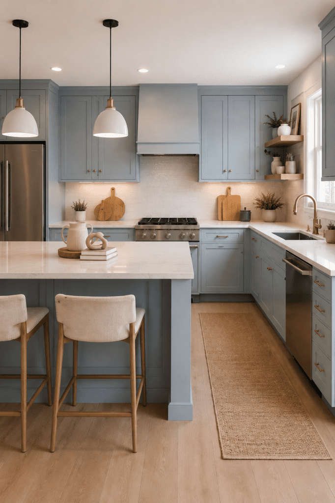 Soft blue kitchen with a large island, warm wood stools, and elegant brass finishes.