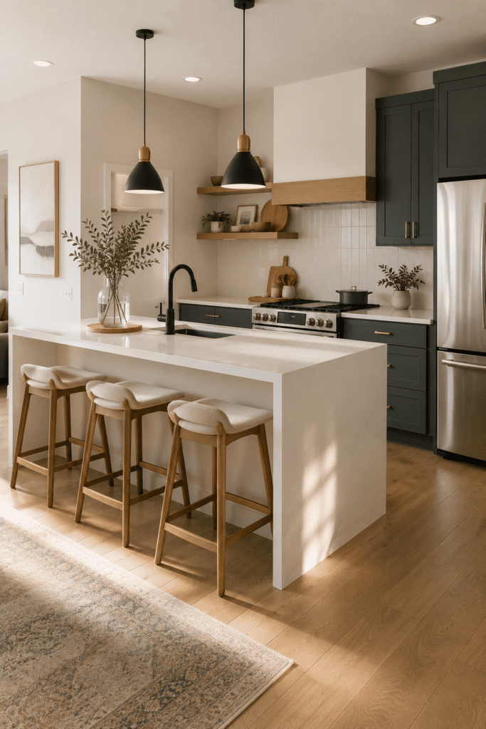 Contemporary dark kitchen featuring a white waterfall island, black pendant lights, and warm wood flooring.