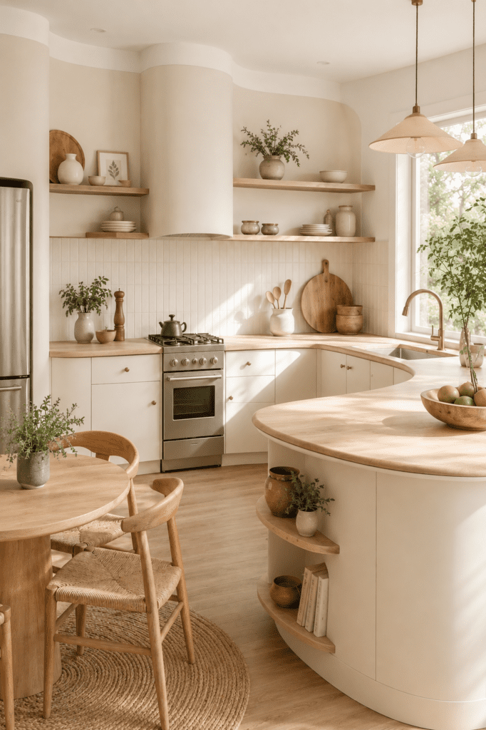 Cream organic kitchen with curved island, natural wood finishes, and cozy Scandinavian-inspired decor.