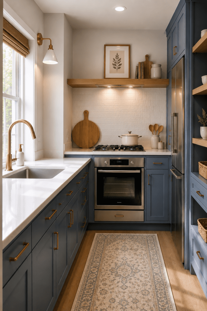 Navy blue kitchen with white countertops, brass fixtures, and classic shaker cabinetry
