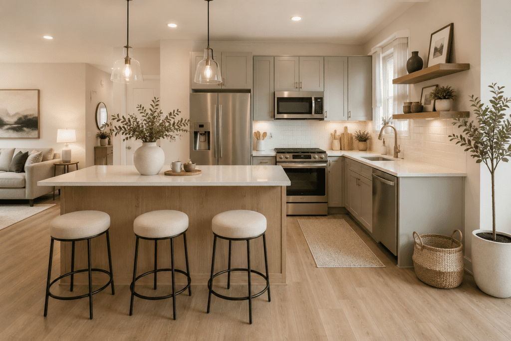 Open-plan kitchen with wood island, neutral decor, and large windows creating a bright welcoming atmosphere.