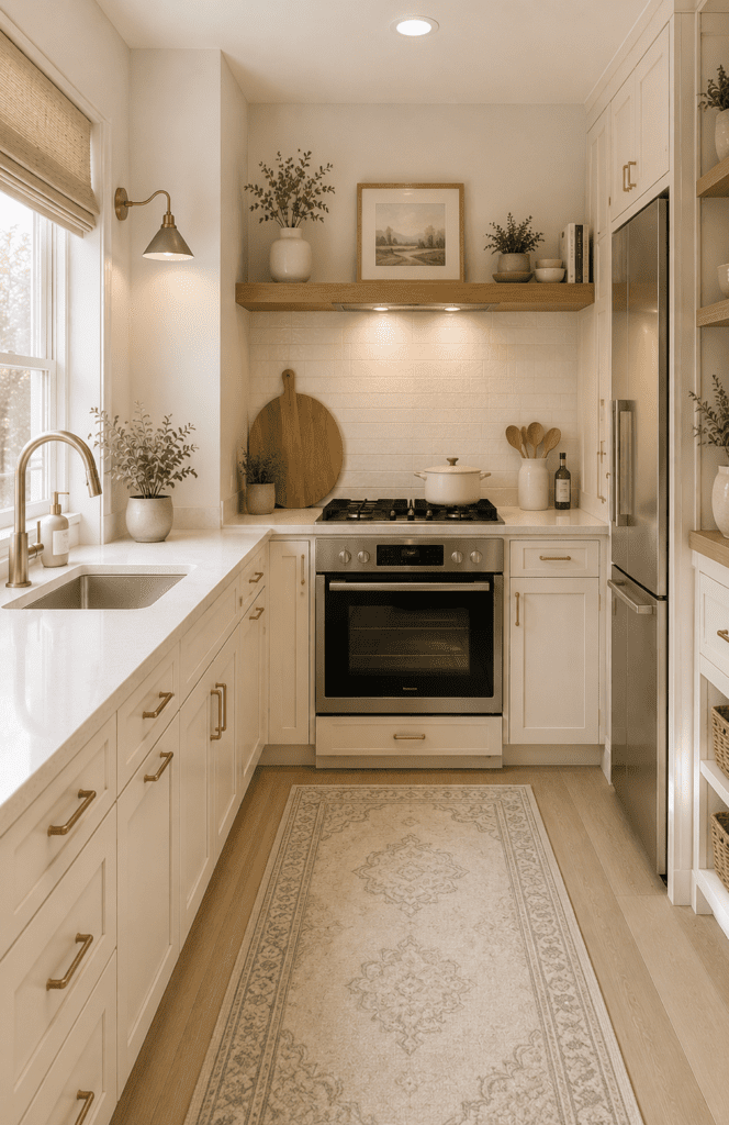 Compact cream kitchen with brass hardware, floating shelves, and warm neutral styling