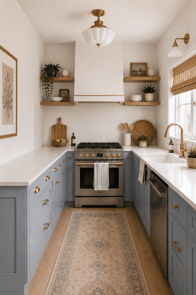 Cozy cottage kitchen with soft blue cabinets, vintage-inspired rug, and warm wood decor accents.
