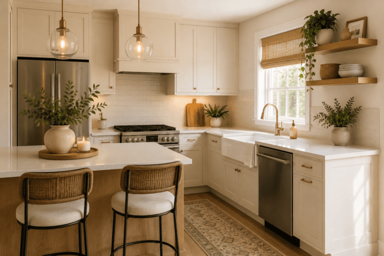 Bright white small kitchen with a wood island, woven bar stools, gold hardware, open shelves, and natural sunlight creating a cozy modern farmhouse look.