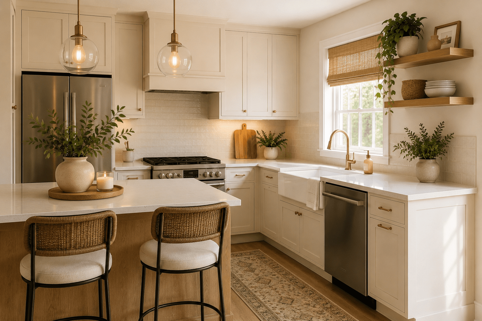 Bright white small kitchen with a wood island, woven bar stools, gold hardware, open shelves, and natural sunlight creating a cozy modern farmhouse look.