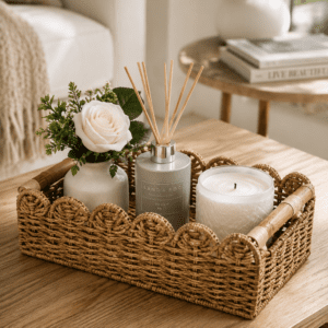 Handwoven rattan decorative tray with a scented candle, reed diffuser, and white flower vase styled on a wooden coffee table in a cozy living room.