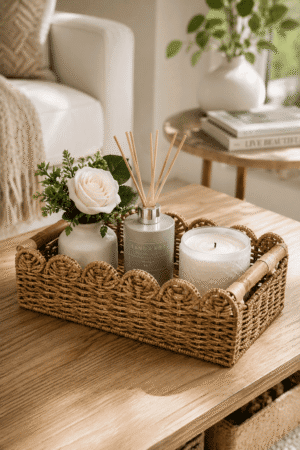 Handwoven rattan decorative tray with a scented candle, reed diffuser, and white flower vase styled on a wooden coffee table in a cozy living room.