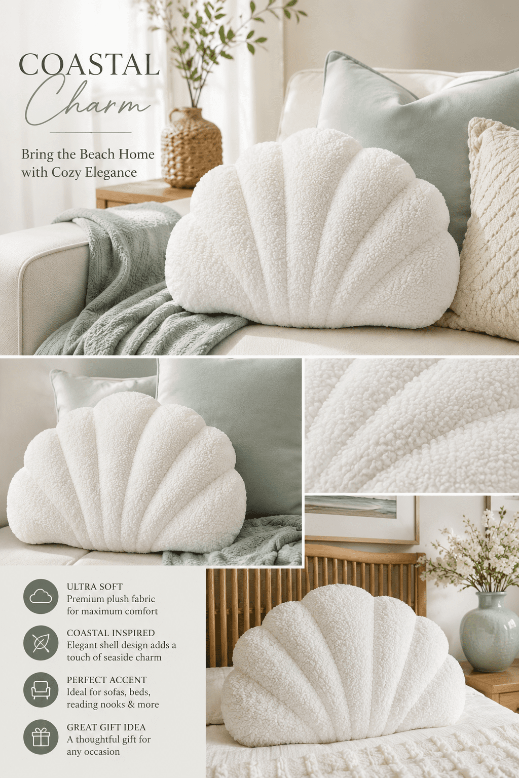 Soft white coastal shell throw pillow on a cozy sofa with sage green cushions and a knitted throw blanket, creating a relaxing beach-inspired living room.