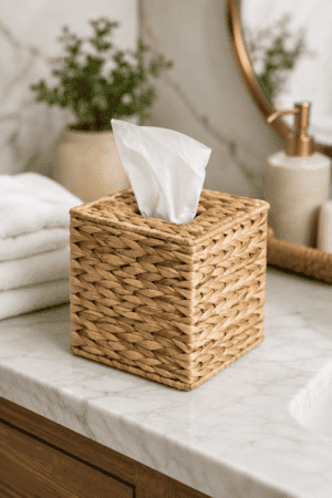 Handwoven rattan tissue box cover with white tissues on a marble bathroom countertop, adding natural warmth and modern farmhouse style to home decor.