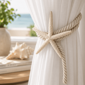 Coastal starfish curtain tieback with a soft rope holding white sheer curtains, adding elegant beach house charm to a bright coastal living room.