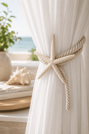 Coastal starfish curtain tieback with a soft rope holding white sheer curtains, adding elegant beach house charm to a bright coastal living room.
