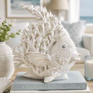 White coastal coral fish figurine displayed on decorative books with candles and beach-inspired living room decor, adding elegant seaside charm to a modern home.