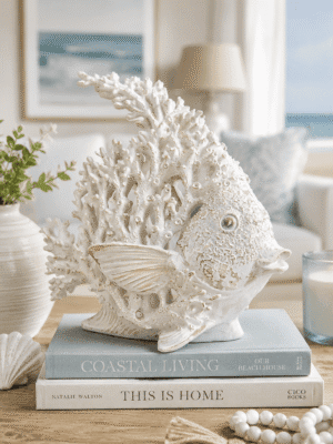 White coastal coral fish figurine displayed on decorative books with candles and beach-inspired living room decor, adding elegant seaside charm to a modern home.