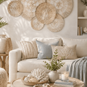 Handwoven coastal wall basket set displayed above a cozy living room sofa with neutral décor, creating a warm boho beach house atmosphere.