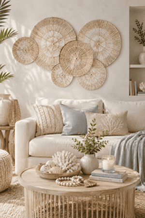 Handwoven coastal wall basket set displayed above a cozy living room sofa with neutral décor, creating a warm boho beach house atmosphere.