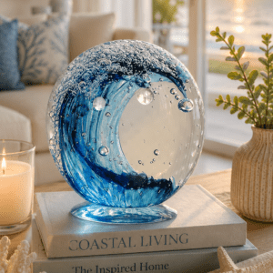 Handcrafted blue ocean wave glass sculpture displayed on decorative books with coastal home decor, candle, and seaside-inspired living room styling.