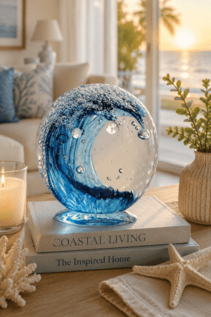 Handcrafted blue ocean wave glass sculpture displayed on decorative books with coastal home decor, candle, and seaside-inspired living room styling.