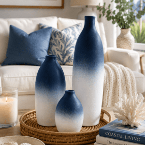 Blue ombre ceramic vase set displayed on a woven tray with coastal living room décor, creating an elegant beach house centerpiece.