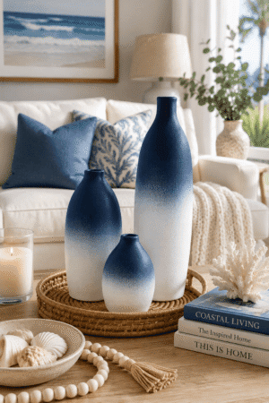 Blue ombre ceramic vase set displayed on a woven tray with coastal living room décor, creating an elegant beach house centerpiece.