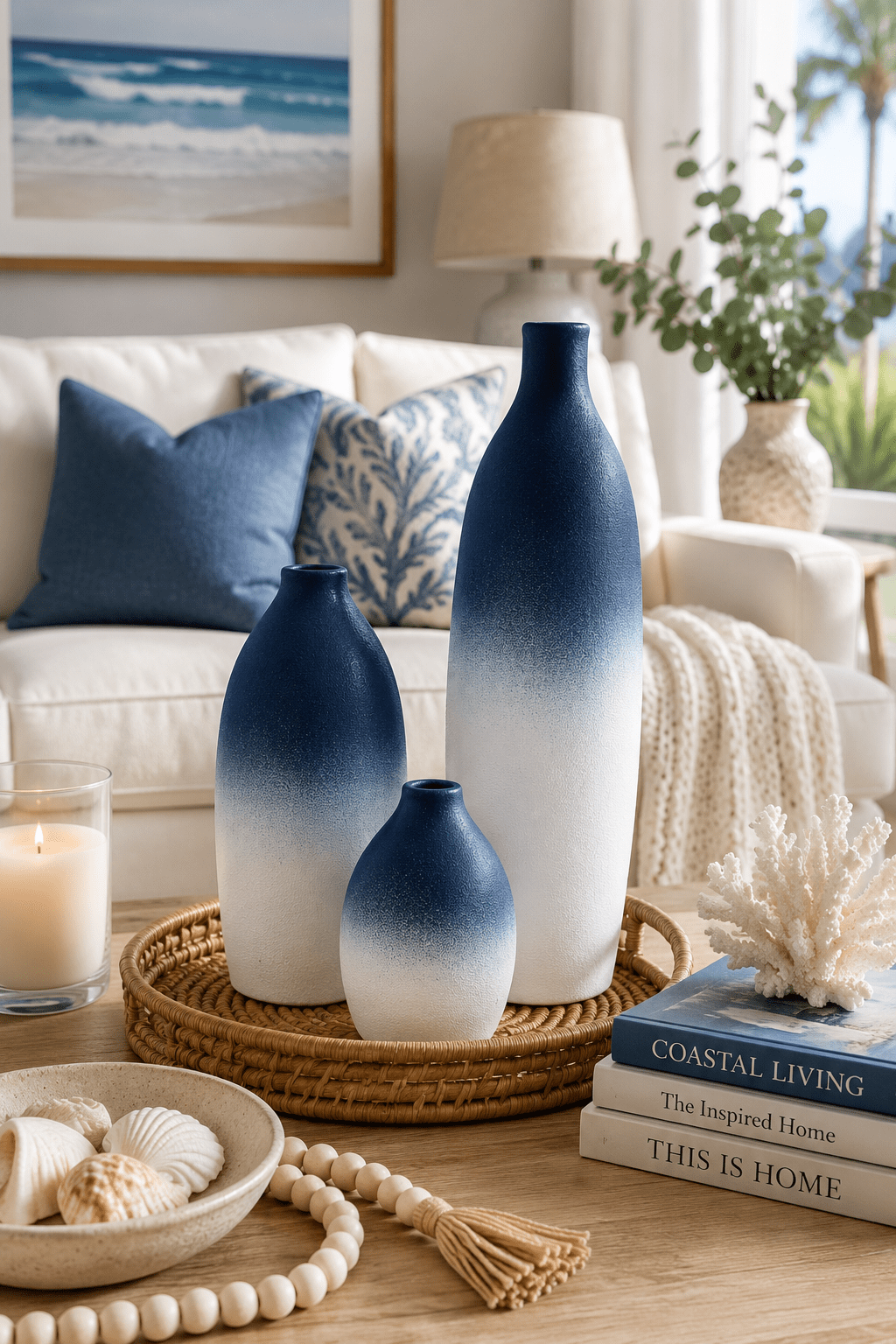 Blue ombre ceramic vase set displayed on a woven tray with coastal living room décor, creating an elegant beach house centerpiece.